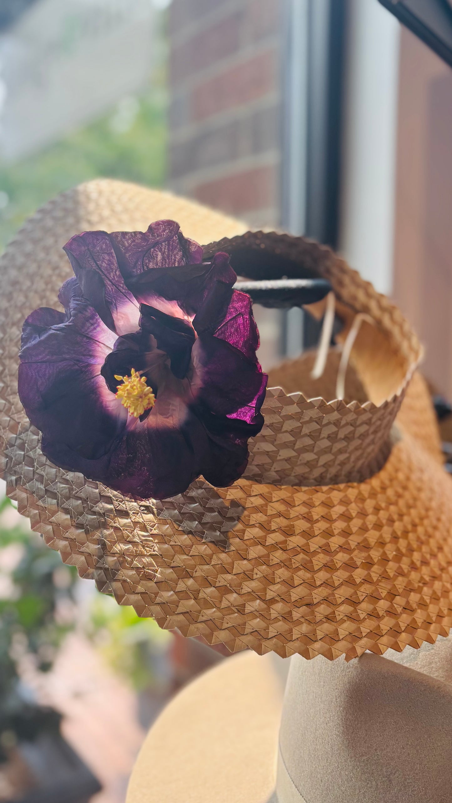 "Caterina" Vintage German Purple GDR Hibiscus 6" Reimagined Mid-Century Brooch & Clip Duo.  For your sundress, handbag, hat & lapel.