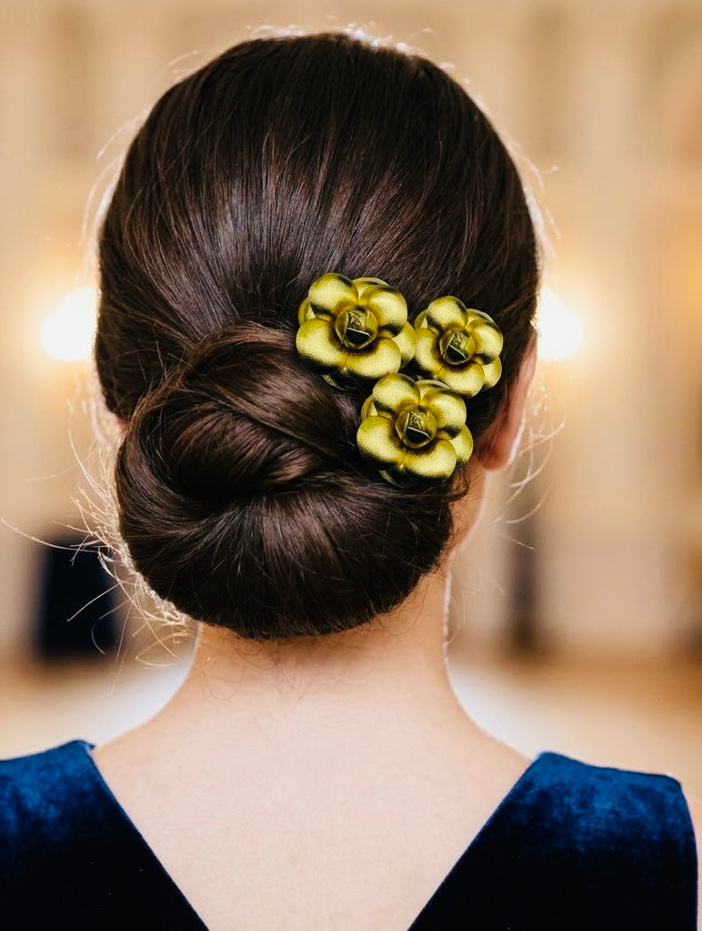 Karin's Garden 2" "Susie" Gold Metallic Leather Camellia Clip.  Made in the USA with Love