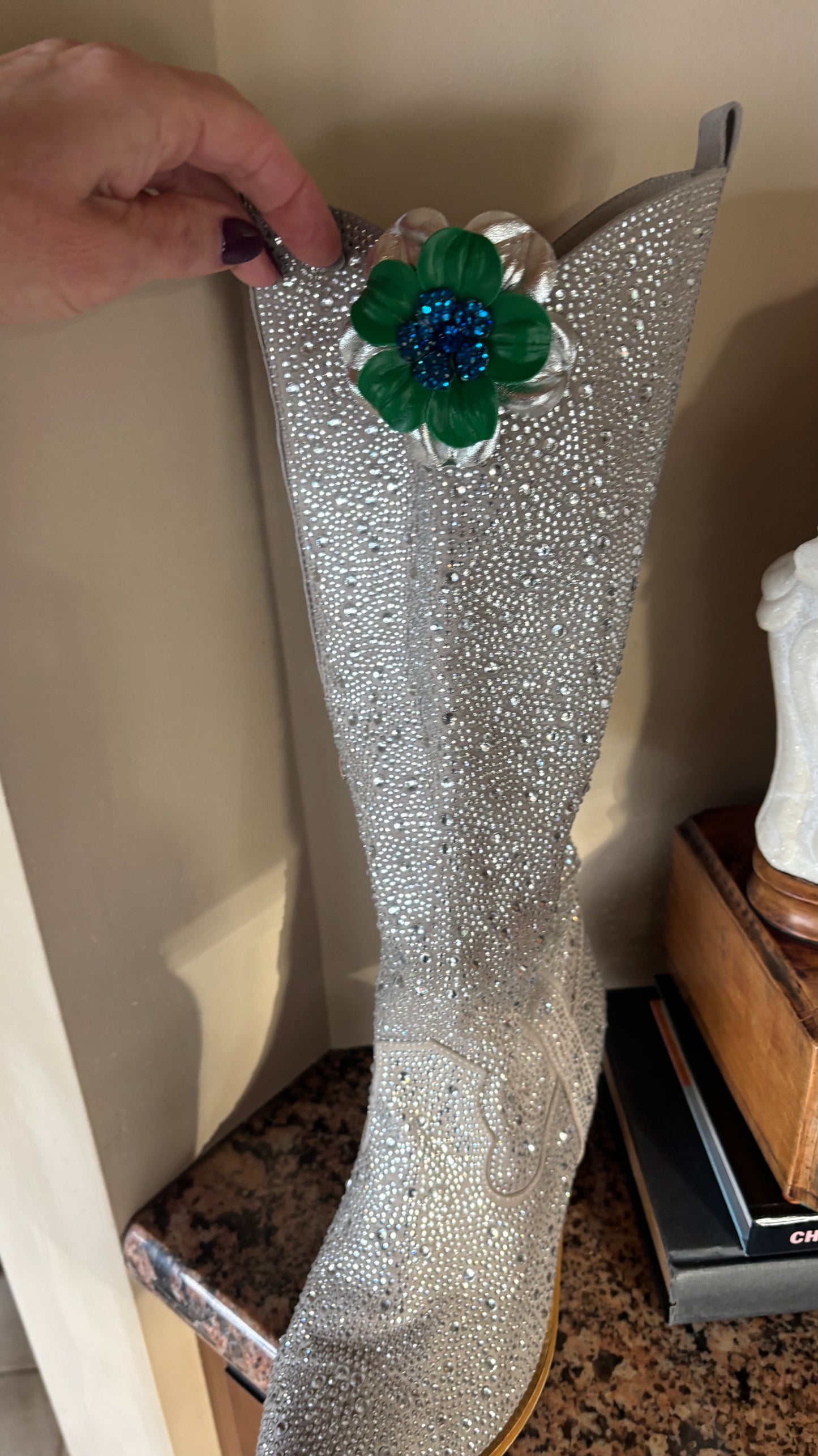 “Seahawks" 2.25 Petite Leather & Crystal Flower Pin & Clip. White with Blue Center. Made in Seattle, WA