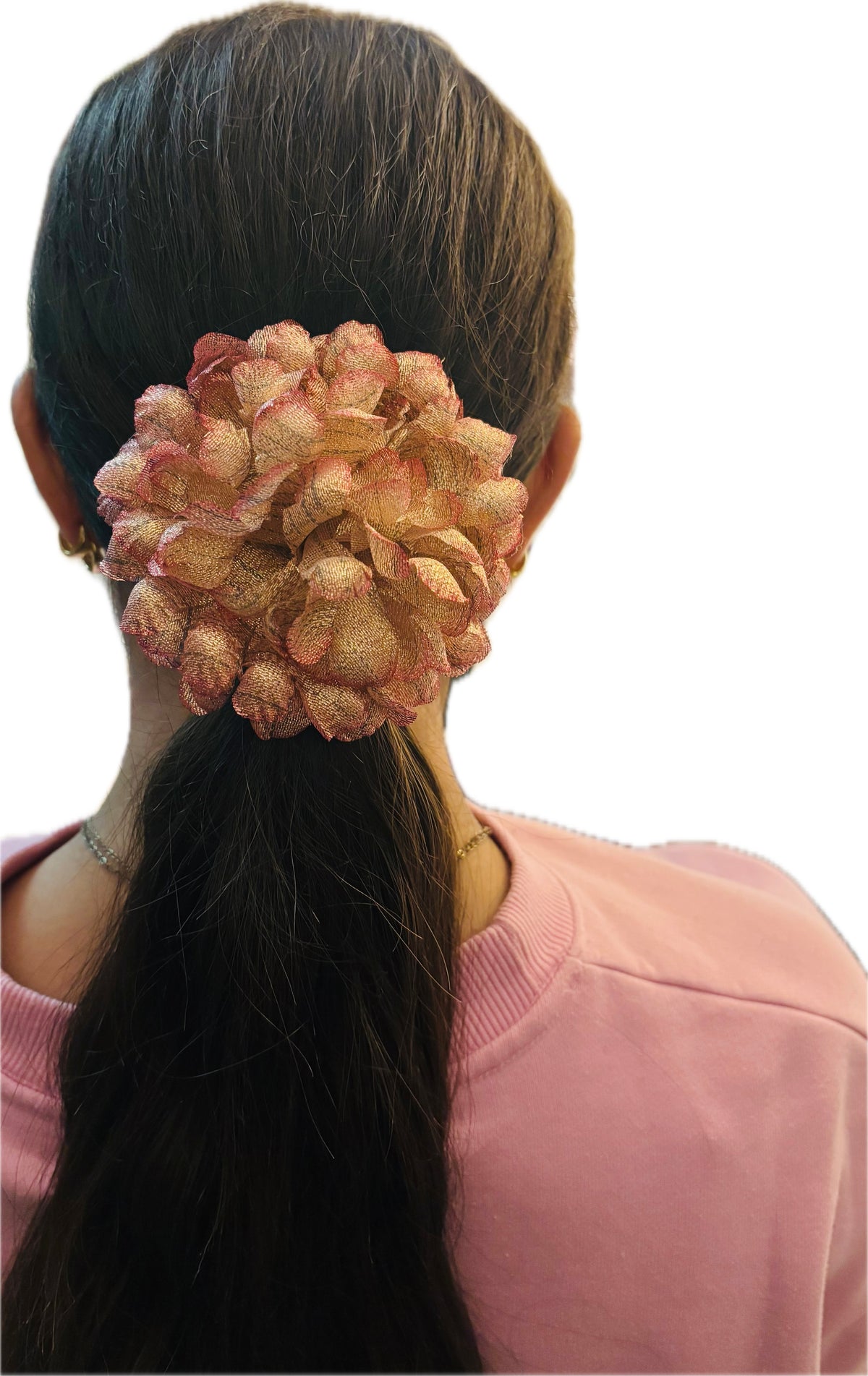 "Astrid" Silk Mum Flower Pink Gold Brooch and Clip Made in the USA.  Wear in your hair, clip or pin onto lapel.