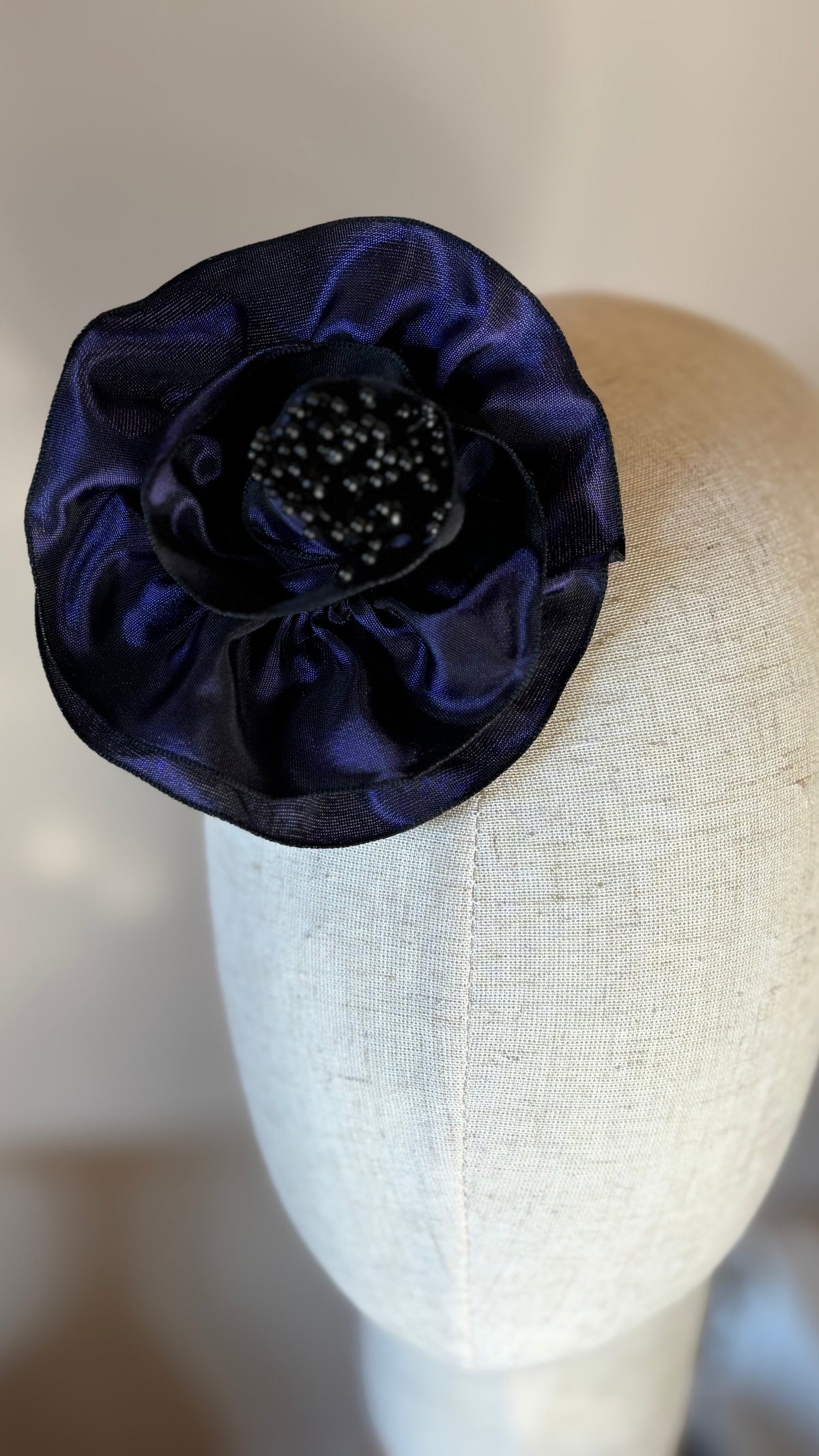 Francesca Petite Brooch & Clip in Aubergine.  Pin or Clip to dresses, lapels, handbag or hat.  Made in the USA.  You can reshape the flower and leaves.  Taffeta from France.
