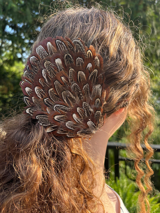 "Garbo" Feather in Brown Beige Pin and Clip.  Nickel Plate Pin and Pinch Clip. Versatile Accessory. Also fabulous as a boutonnière