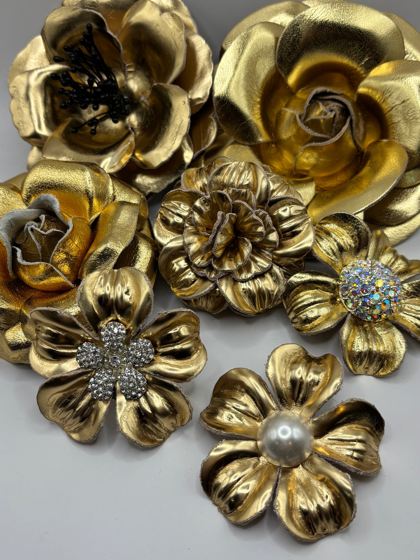 “Maisie" Gold Leather & Pearl Brooch & Clip. 2.25" Made in the USA with Love.