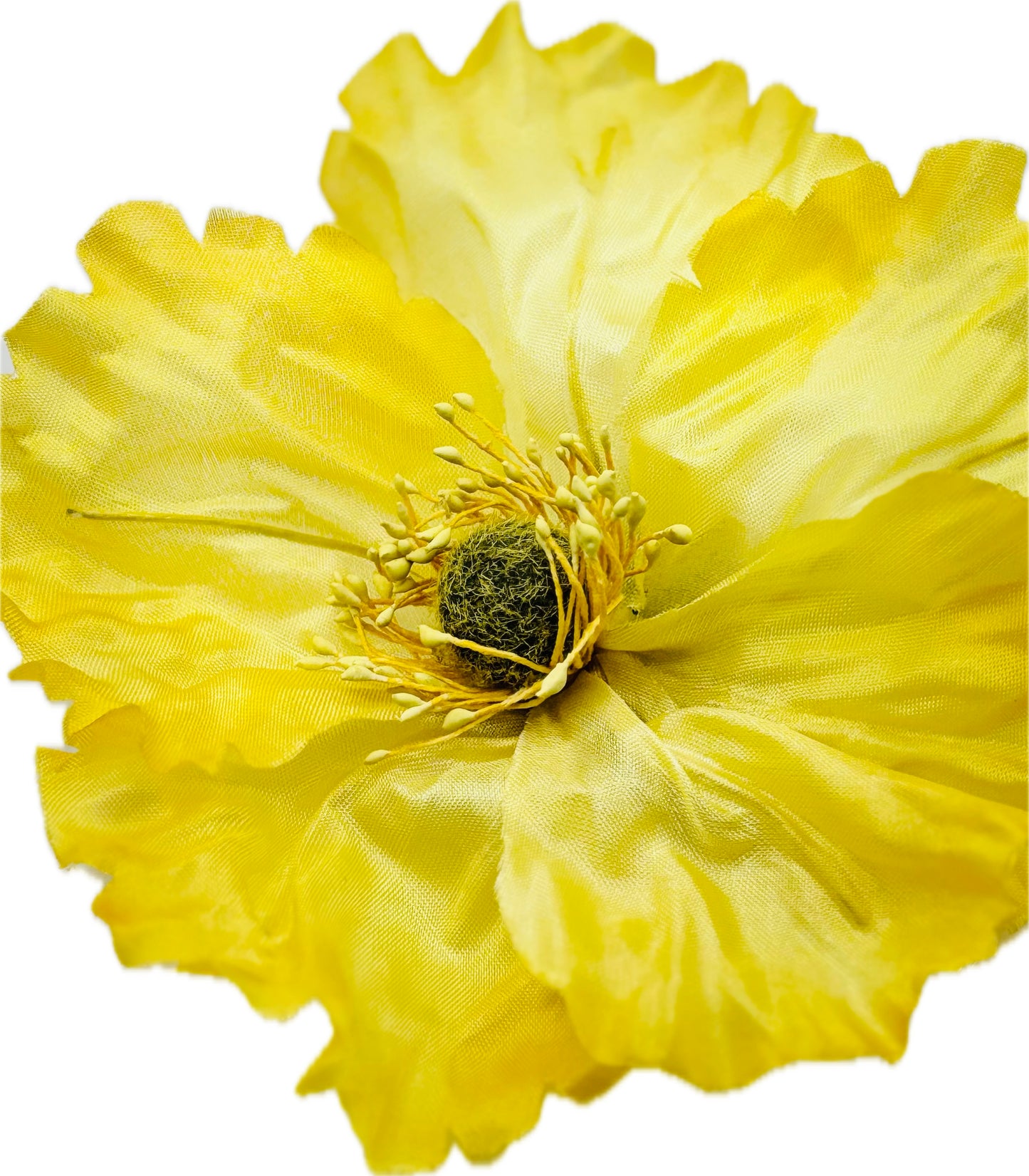 Yellow Garden Poppy 4" Pin or Clip into hair, onto dress, lapel, hat and more.  Lifelike Poppy.  Bendable Petals.