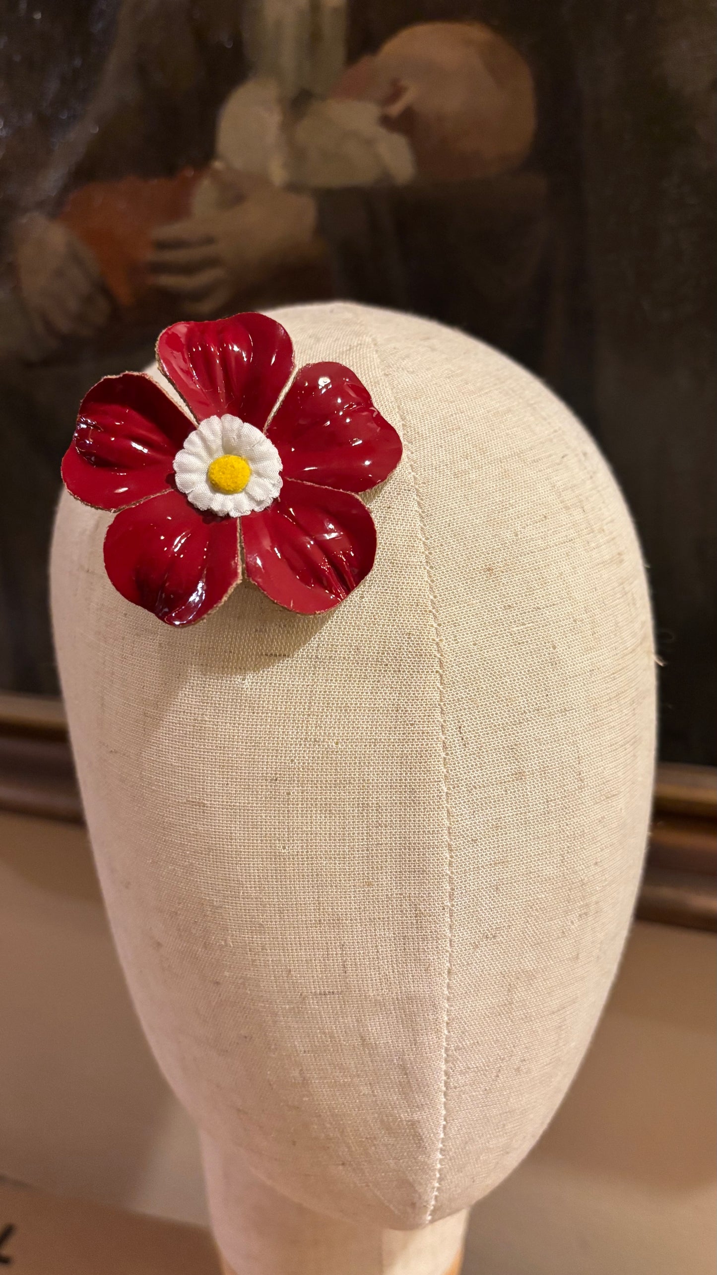 “Marguerite” Red Patent Leather Daisy Flower Brooch & Clip. 2.25" Wear in your hair, on a necklace, dress and more. Made in the USA