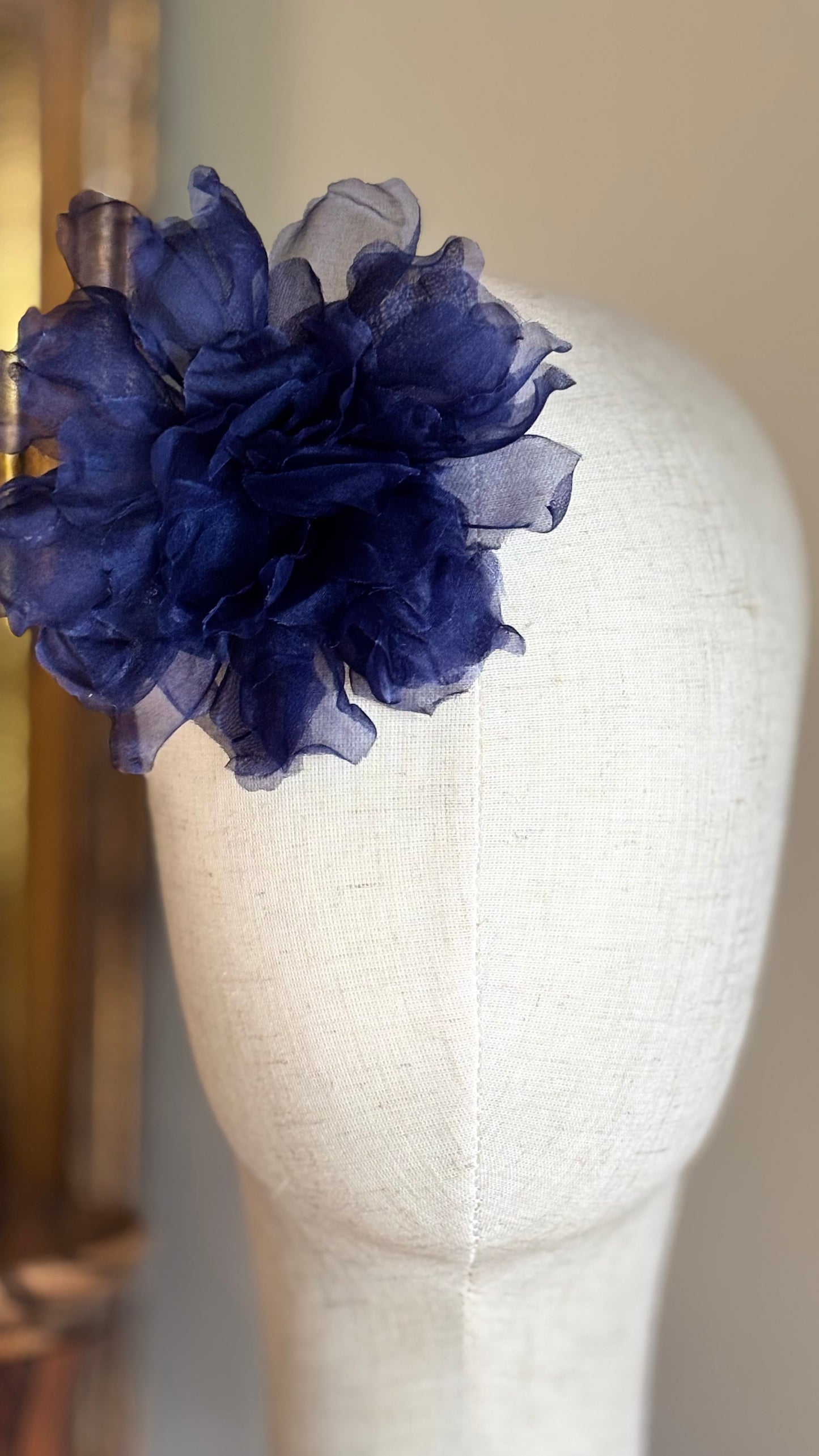 Karin's Garden "Harper" 4" Silk Organza Navy Blue Gardenia Pin Brooch & Clip. Handmade in the USA.  Pin or Clip into hair, onto dress, lapel, handbag and more.