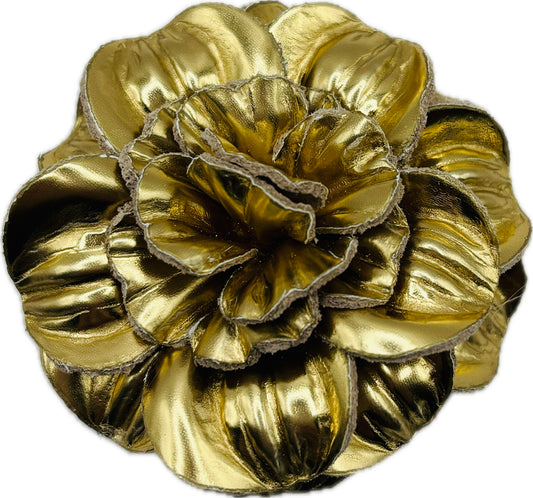 "Roxi" Patent Leather Gold Flower Brooch & Clip. 2.25" Clip into hair, onto lapel, necklace, purse, hat & more.  Made in the USA with Love.