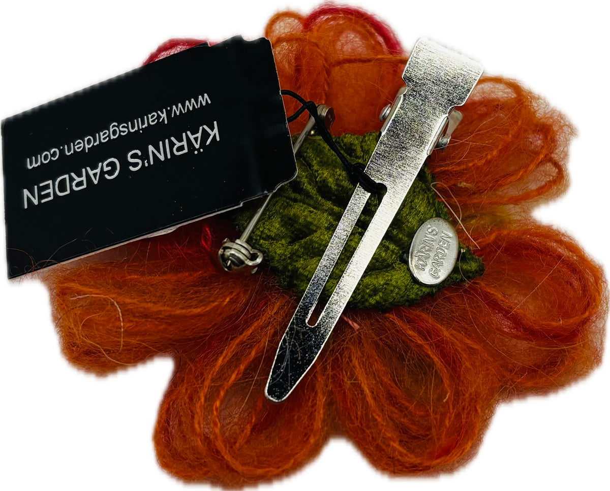 Enya Mohair Flower with Crystal Brooch & Clip Two Inches Handmade in the USA