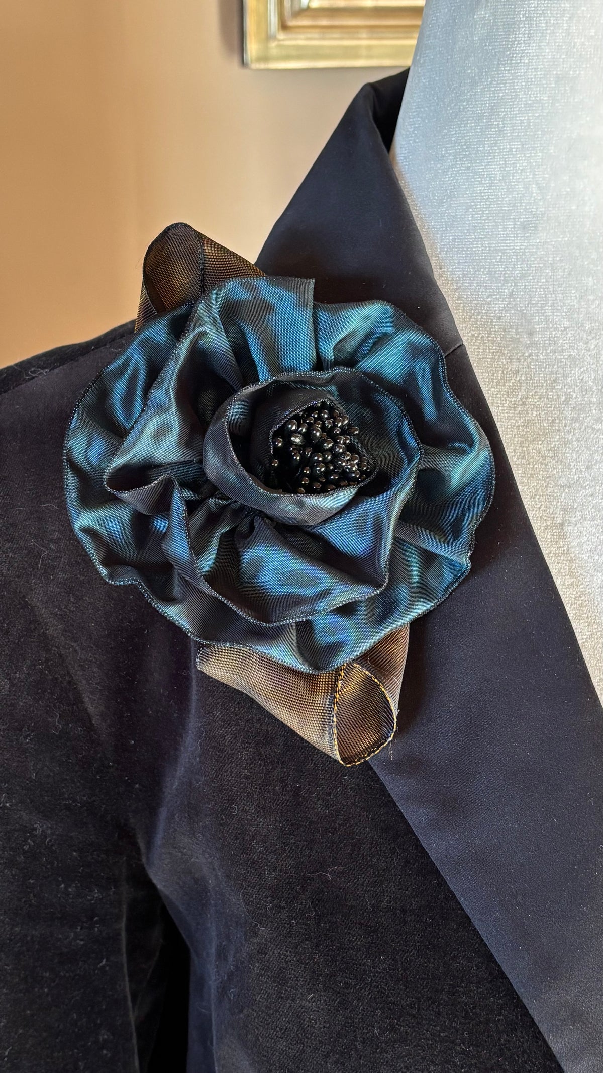 Francesca Petite Brooch & Clip in Teal.  Pin or Clip to dresses, lapels, handbag or hat.  Made in the USA.  You can reshape the flower and leaves.  Taffeta from France.