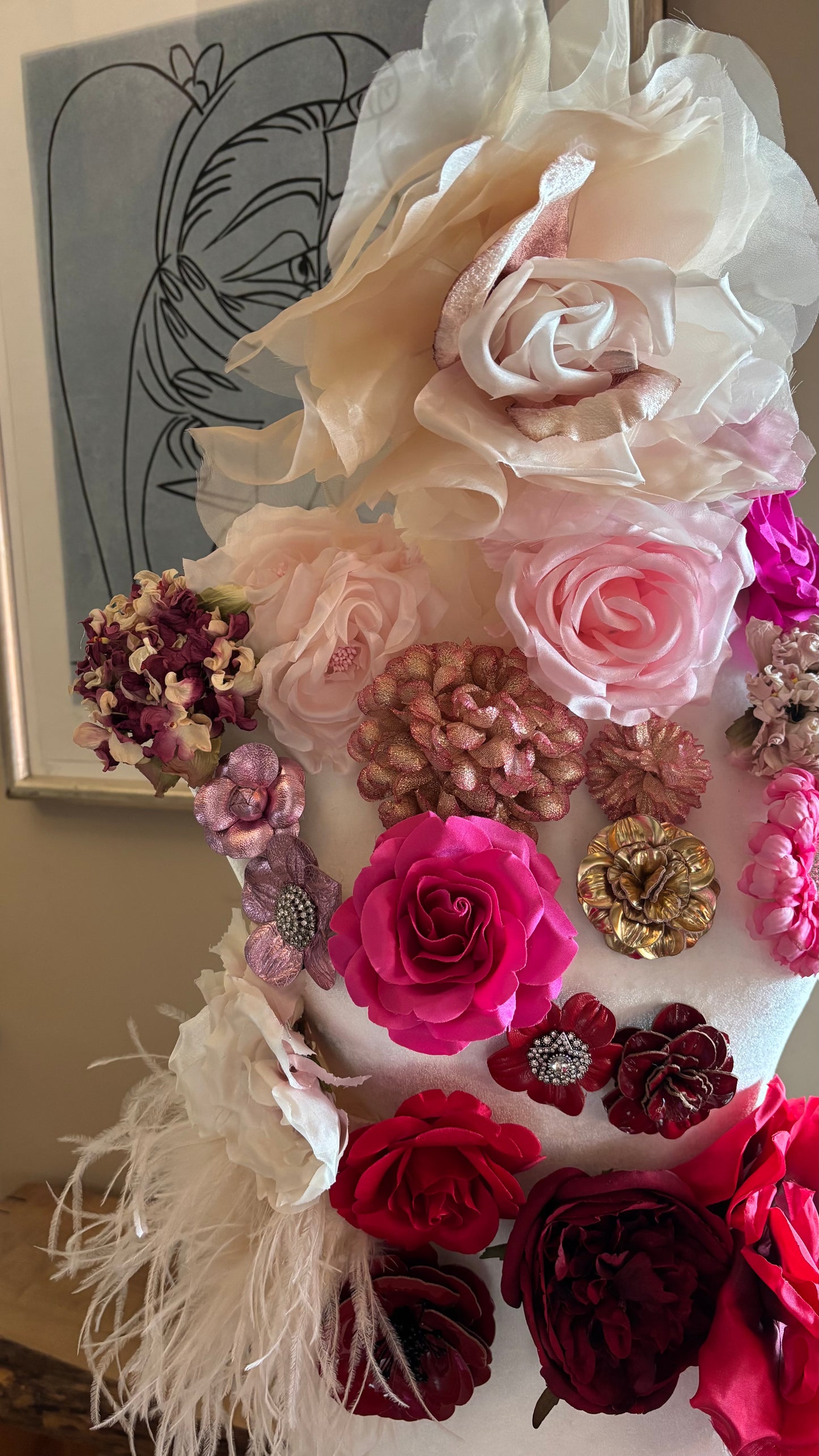 Karin's Garden 10" "Ariana" Romantic Ivory Pink Silk & Velvet Organza Rose Pin & Clip.  A Statement Flower