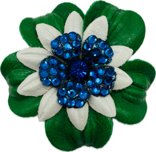 "Seahawks" Petite Leather & Blue Crystal Flower Pin & Clip. Made in Seattle, WA