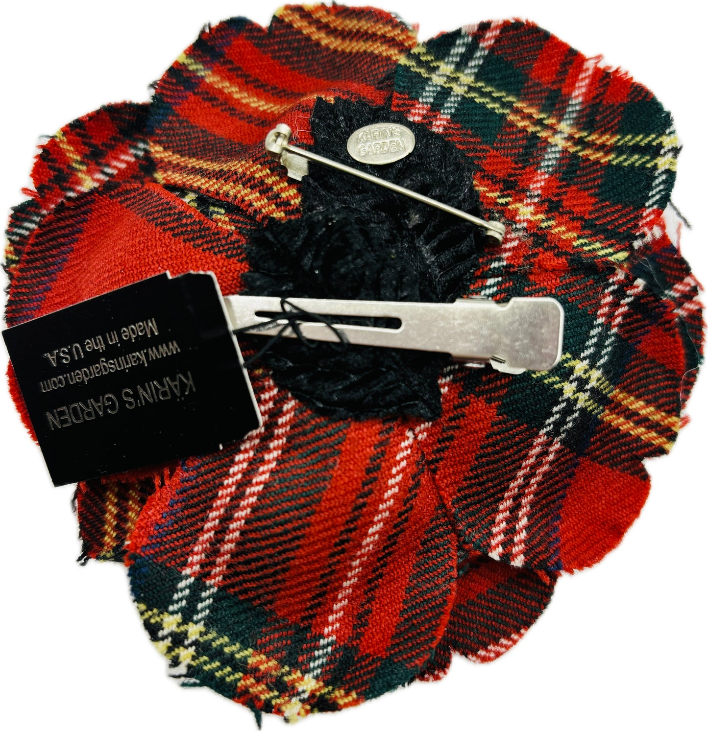 Karin’s Garden 3” Red Wool Plaid Rose Clip & Pin.  100% Wool.  Made in the USA.