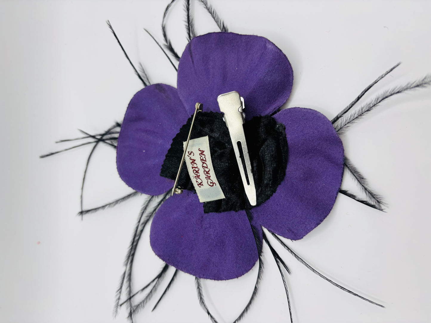"Min" Leather Camellia & Ostrich Purple Brooch Clip. 4" Clip or Pin to Scarf, Into Hair, on lapel, dress, hat and more. Handmade in the USA.