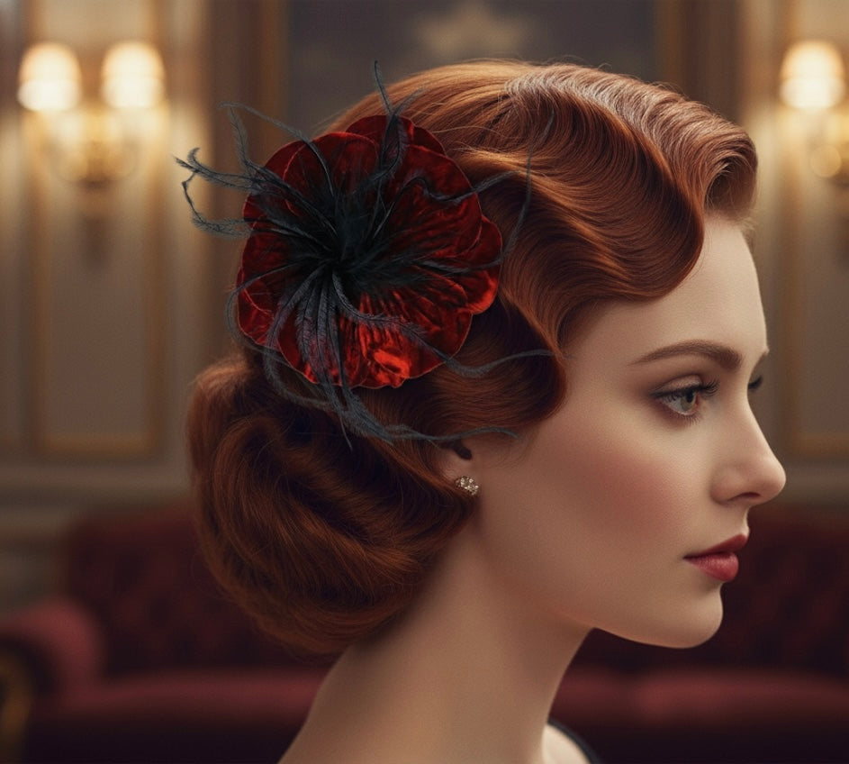 “Kitty" Red Velvet Ostrich Flower Pin and Clip. Clip into hair, onto purse, dress, hat, wrist and more. A versatile accessory.