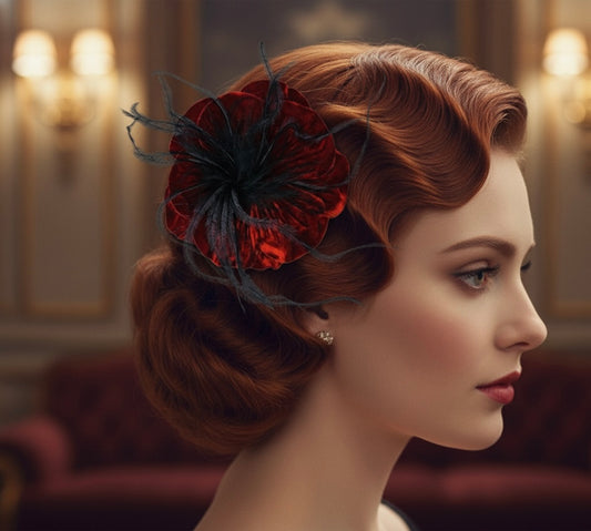 “Kitty" Red Velvet Ostrich Flower Pin and Clip. Clip into hair, onto purse, dress, hat, wrist and more. A versatile accessory.