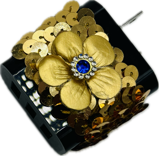 Karin's Garden Navy Phone Charger Gold Sequin & Gold Leather Flower with Crystals