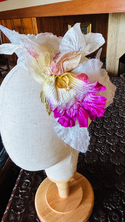 Karin's Garden "Bali” one-of-a-kind Silk Organza Orchid 1” Comfort Fit Non Slip Headband. Limited Edition Only one available. Handmade in the USA.