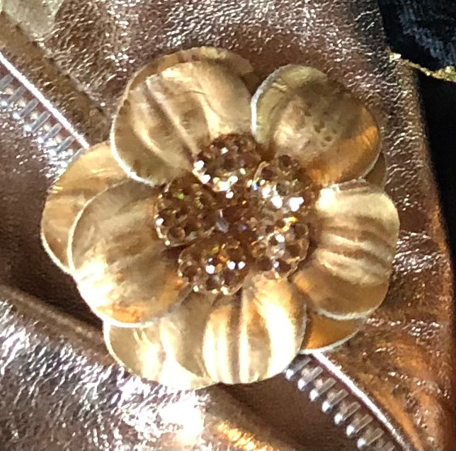 Karin's Garden 2.25" THE COCO  Petite Gold Leather & Crystal Flower Pin & Clip. Made in the USA