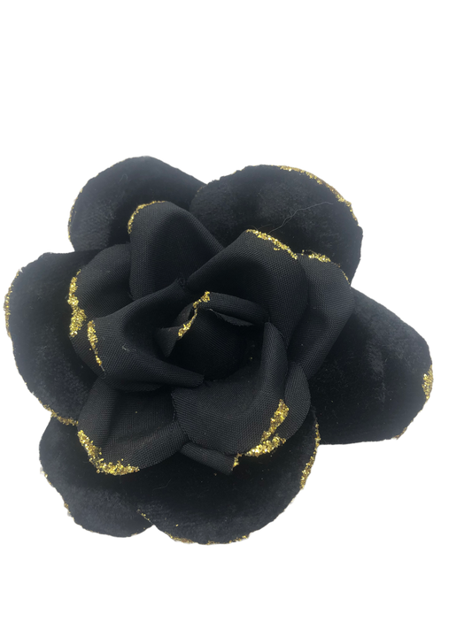 Karin's Garden 3" Mrs. Q. Glam Velvet Blend Black Metallic Edge Rose Pin Brooch Clip.  Made in the USA.