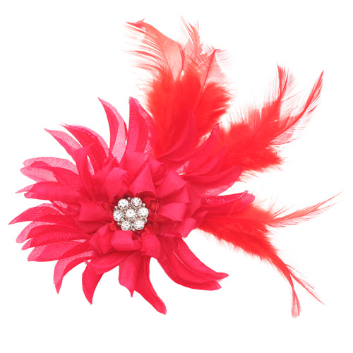 Karin's Garden 3 1/2" Moulin Red Silk Feather Pin Brooch Clip.  Clip into Hair or wear on Lapel