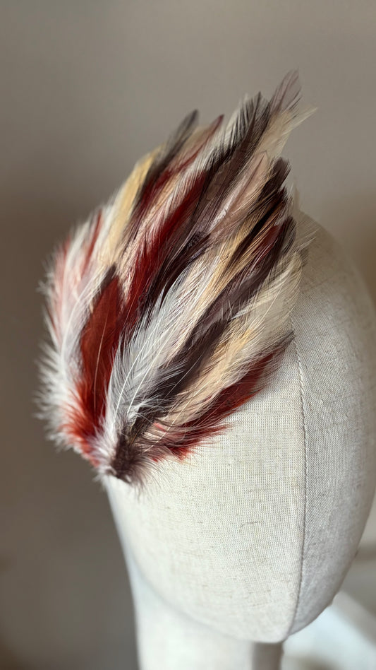 Garbo Brick, Brown & Ivory feather pin and clip on head form