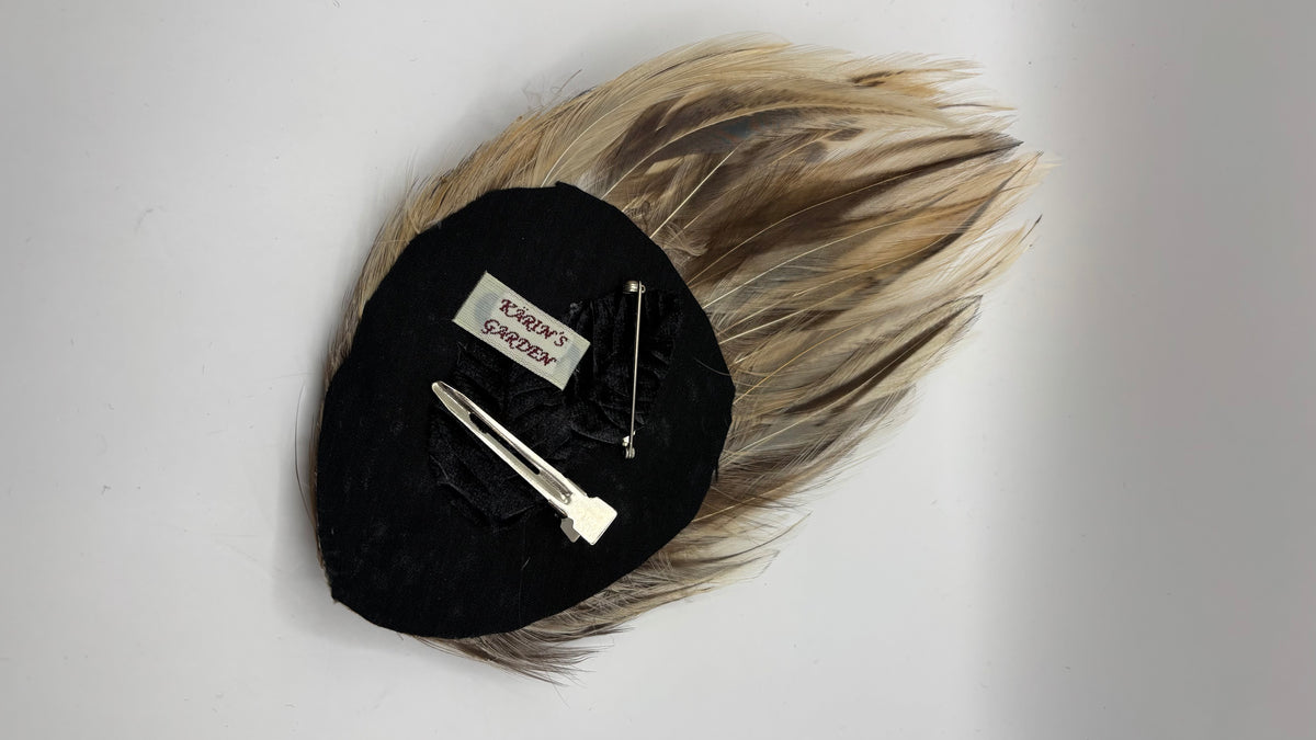 Back of Garbo Ivory & Brown feather pin showing bar pin, pinch clip and label