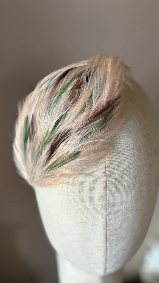 Garbo Ivory, Olive & Brown feather pin and clip on head form