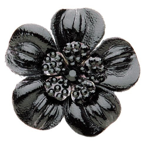 Karin's Garden 2.25" THE COCO  Petite Black Leather & Crystal Flower Pin & Clip. Made in the USA