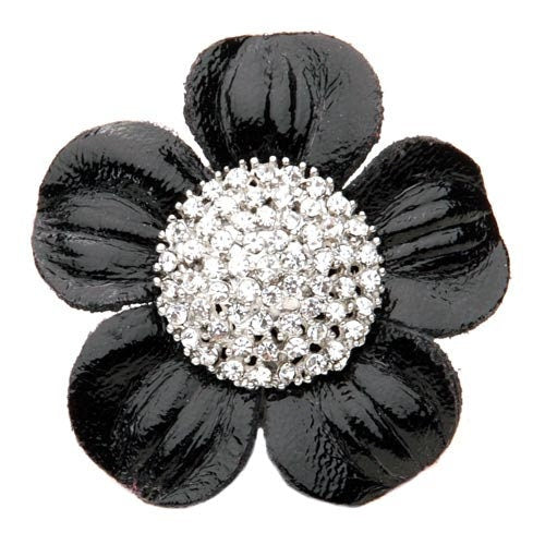 Karin's Garden Épingle et clip en cuir noir glamour de 2,25 po avec marguerite en cristal. Centre en cristal