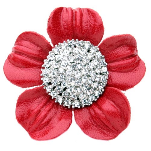 Karin's Garden 2.25" Glam Red Leather Crystal Daisy Pin & Clip.  Crystal Center