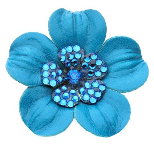 Karin's Garden 2.25" THE COCO  Petite Turquoise Leather & Crystal Flower Pin & Clip. Made in the USA