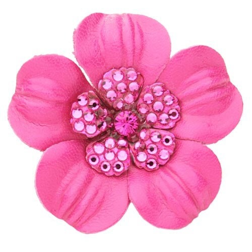 Karin's Garden 2.25" THE COCO  Petite Pink Leather & Crystal Flower Pin & Clip. Made in the USA