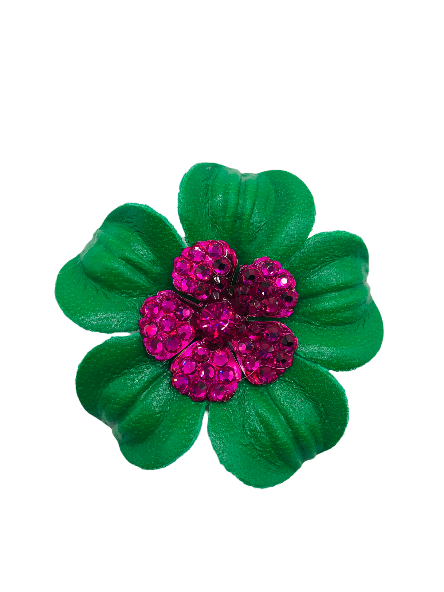 Karin's Garden 2.25" THE COCO  Petite Green Pink Leather & Crystal Flower Pin & Clip. Made in the USA