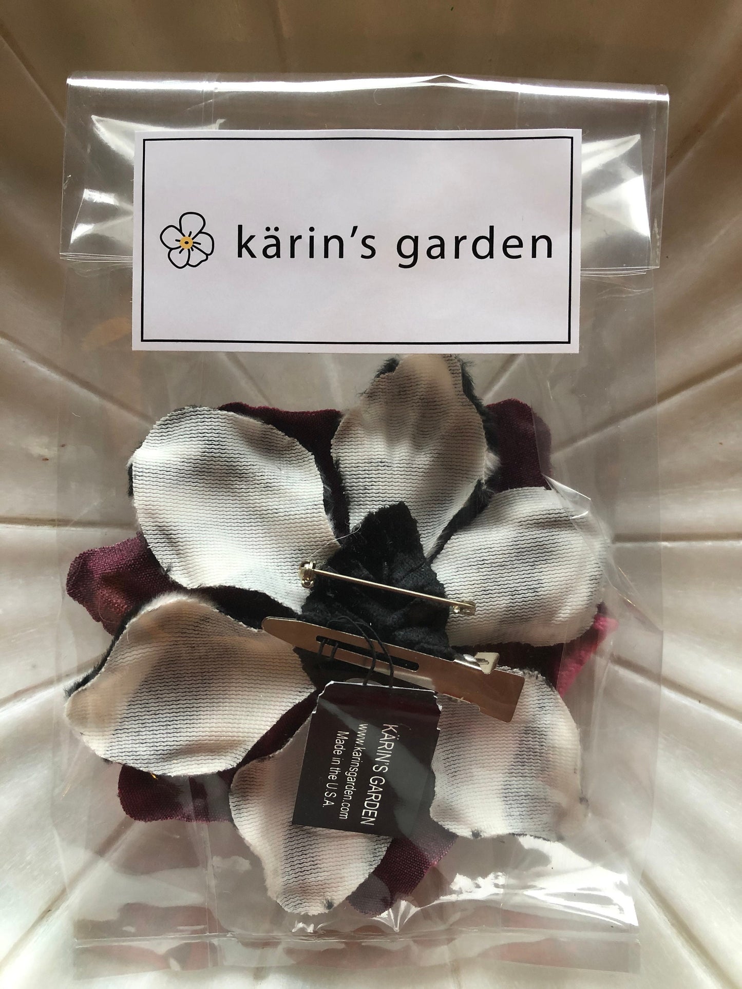 Karin’s Garden 4" Faux Fur and Velvet Pin or Clip into hair or onto lapel.  Flower Pin, Flower hair clip