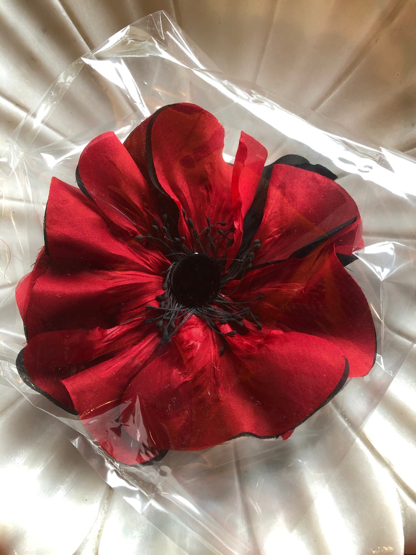 Karin's Garden Red/Black 4.5" Silk Poppy Pin or Clip for Hair.  Flower Pin. Brooch.  Hair Accessory. Moulin Rouge.  Derby