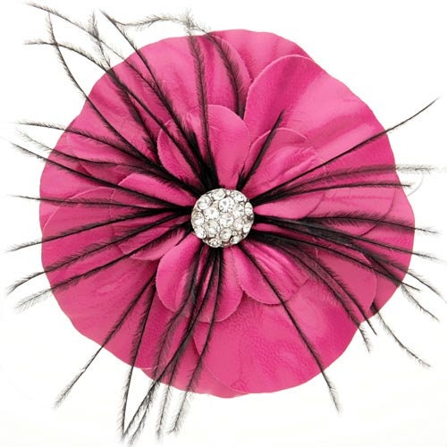 Karin's Garden 4" Leather Camellia Pin and Pinch Clip.   Feathers and rhinestones in the center.  Handmade in the USA.