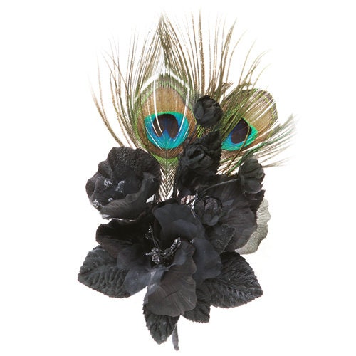 Karin's Garden 9" in length by about 5" across Peacock & Velvet Pin.  Flower Pin, Feather Pin, Peacock Pin, Moulin Rouge Pin