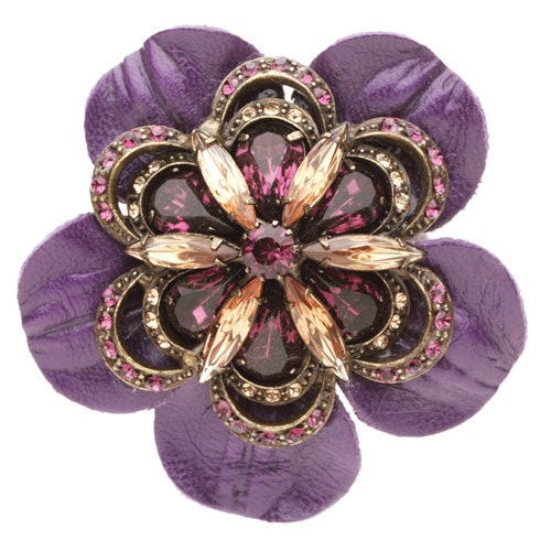 "Cecilia" Leather Purple Jeweled Flower Brooch & Clip, Made in the USA