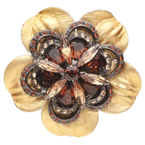 "Cecilia" Leather Gold Jeweled Flower Brooch & Clip, Made in the USA