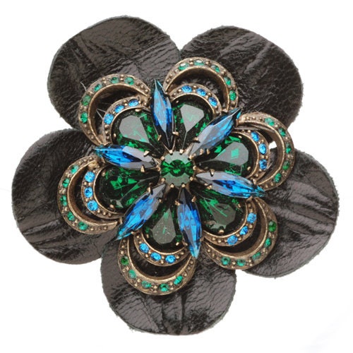 "Cecilia" Leather Black Teal Jeweled Flower Brooch & Clip, Made in the USA