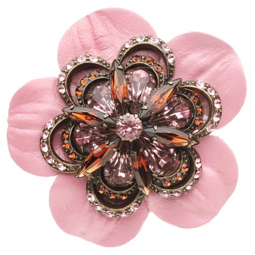 "Cecilia" Leather Pink Brown Jeweled Flower Brooch & Clip, Made in the USA