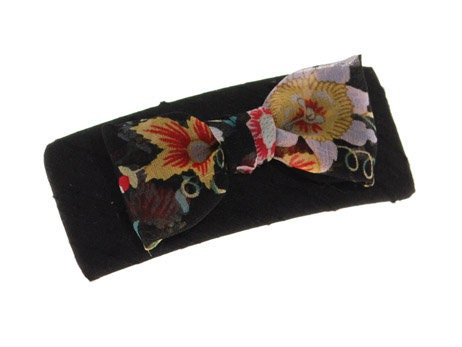 Black Floral Silk French Hair Barrette with Silk Chiffon Floral Bow.  Karin's Garden 4" Handmade in the USA