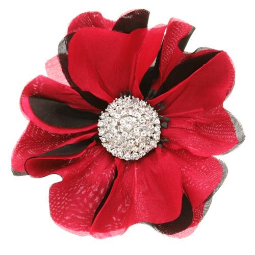 Karin's Garden 3.5" Silk Poppy Pin Brooch Clip with Crystals Center Handmade in the USA.  Clip into Hair or wear on Lapel.