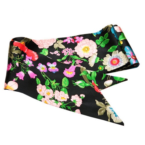 Karin's Garden Black Floral Silk Le Jardin Belt, Sash, Head Wrap, Tie Around a Hat.  Several Uses. Handmade in the USA.  63 long x 3.75 wide