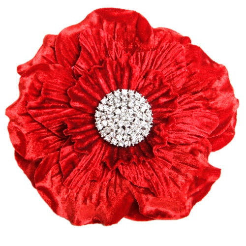 Karin's Garden 4 1/4" Flower Pin.  Velvet and Rhinestone Pin or Clip into Hair or onto Lapel. Made in the USA.