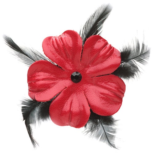 Red Leather and Feather Petite Brooch and Clip.  2.25" Clip into hair, onto handbag, lapel, dress and more. Made in the USA