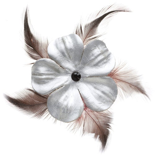Silver Leather and Feather Petite Brooch and Clip.  2.25" Clip into hair, onto handbag, lapel, dress and more. Made in the USA