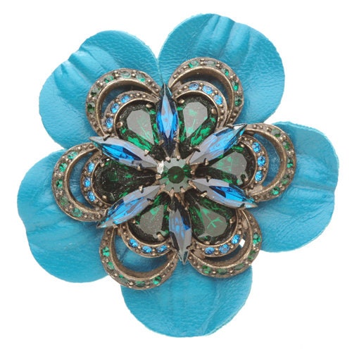 "Cecilia" Leather Teal Jeweled Flower Brooch & Clip, Made in the USA