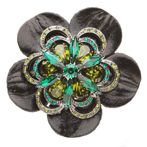 "Cecilia" Leather Black Green Jeweled Flower Brooch & Clip, Made in the USA