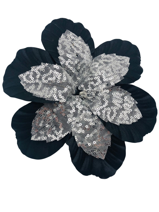 Sequin Hibiscus Brooch and Clip in Black Silver 6" Pin or Clip onto dress, lapel, into hair and more